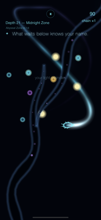 Gameplay: a trail of light weaving between two vast tentacles in the Midnight Zone.