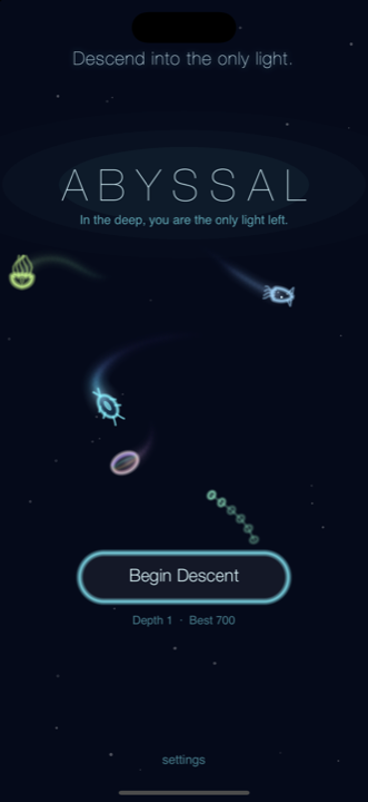 The Abyssal main menu: glowing creatures drifting in dark water beneath the wordmark.